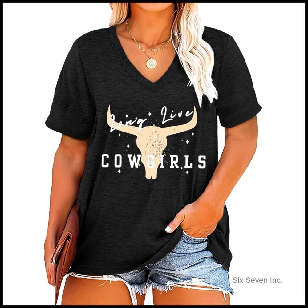 Plus Size V Neck T-Shirt Vintage Cow Print Retro Cowgirl Country Music Top